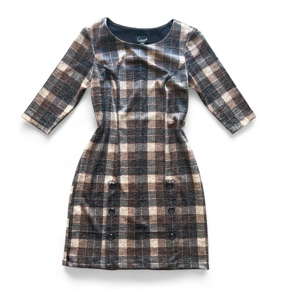 Connected Apparel Brown Plaid Button Detail Dress – Size 4